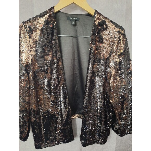 Torrid Black & Gold Sequin Open Front Kimono Blazer Cardigan 1X/2X Holiday Party - Picture 5 of 11